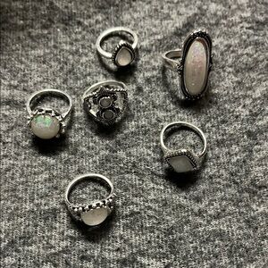 Elegant Silver and White Opal Ring Set